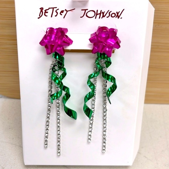 Brand New Betsey Johnson Metallic Pink Bow Ribbon Dangly Rhinestone Earrings - Picture 11 of 11